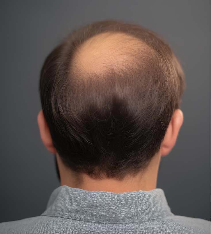 Client before hair replacement system — visible crown thinning