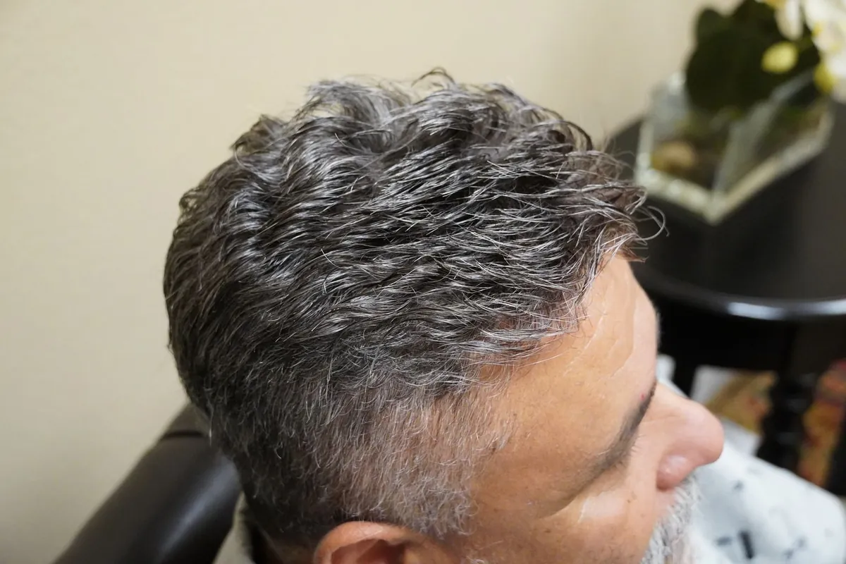 Close range view of a dense salt and pepper hair system with individual gray hairs visible through the mid lengths