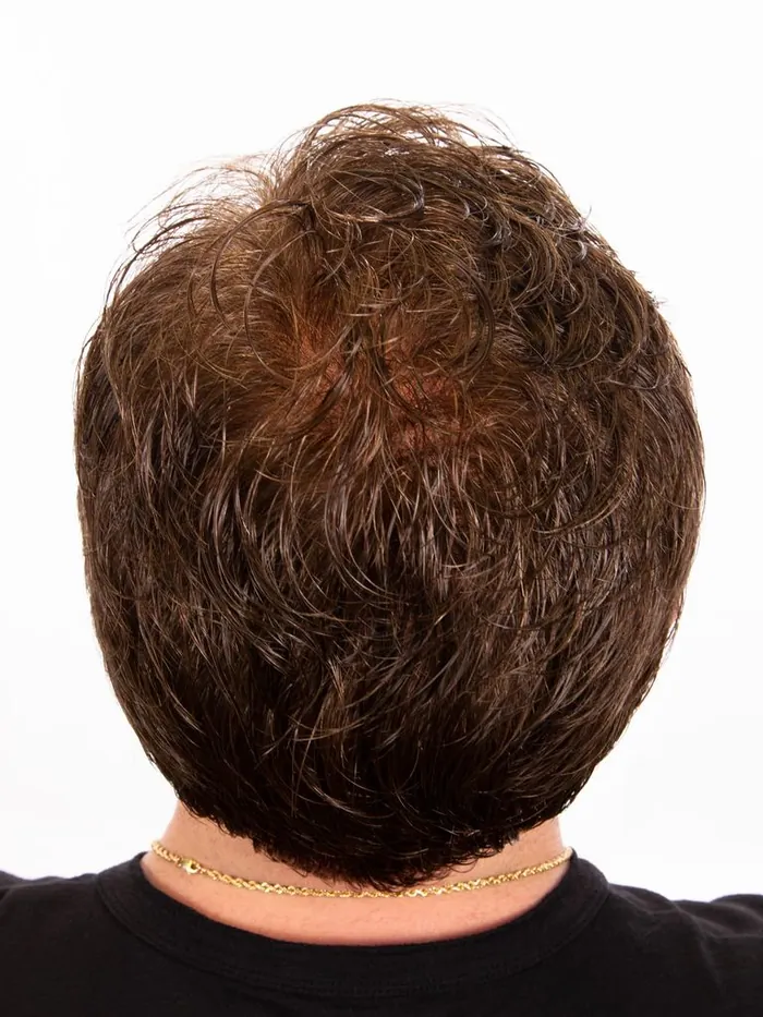 Back view of a full curly hair system covering the crown through the nape on a plain white background